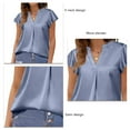 thumbnail image 4 of Dusty Blue Women's V-Neck Short Sleeve Satin Shirt - Summer Fashion Casual Pure Color Loose Ruffle Blouse, XL, 4 of 5