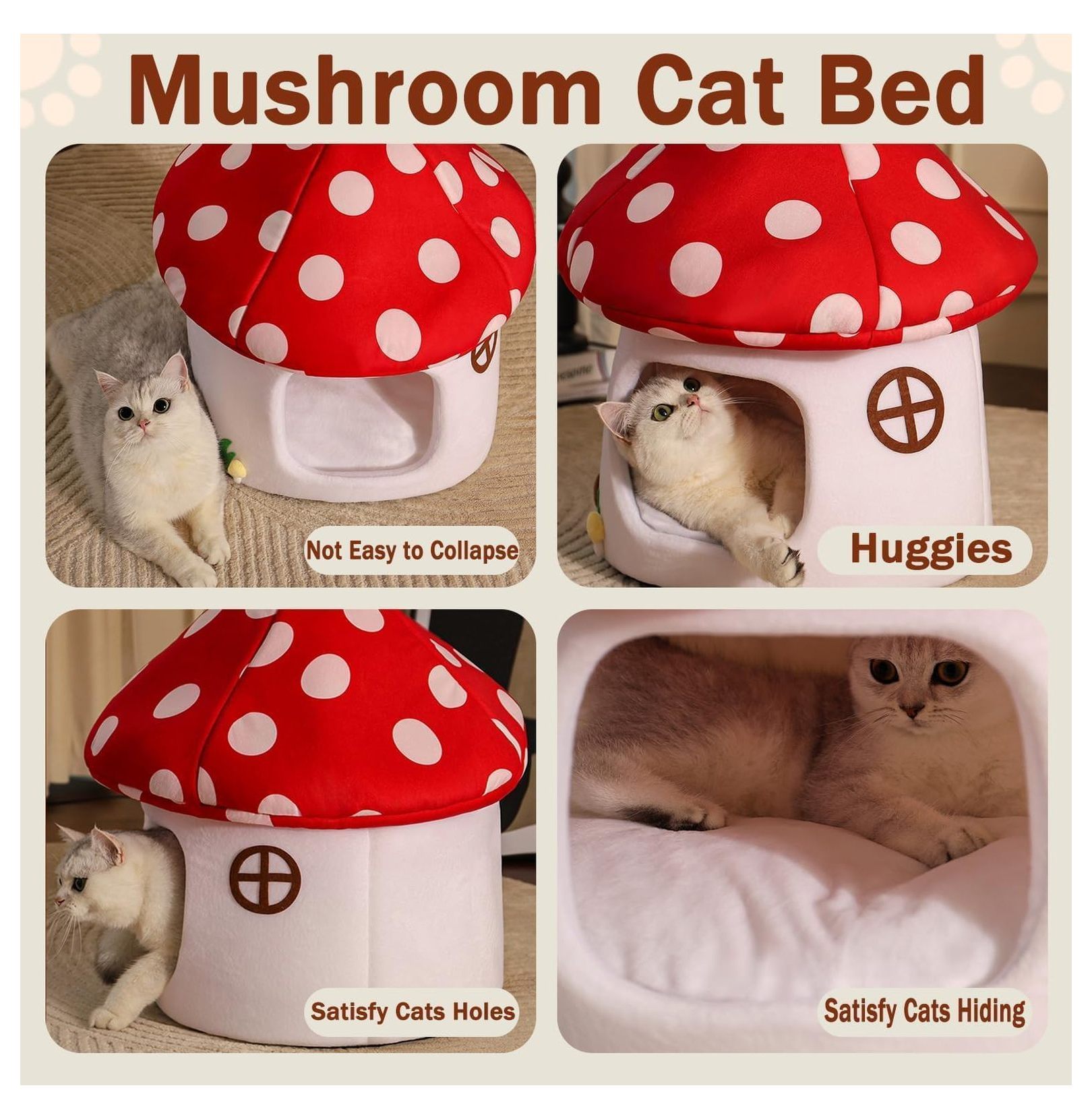 Mushroom Cat Bed for Indoor Cats & Small Dogs - Soft Plush Cave Bed with Removable Cushion, Cozy Pet Nest Tent - Red & White
