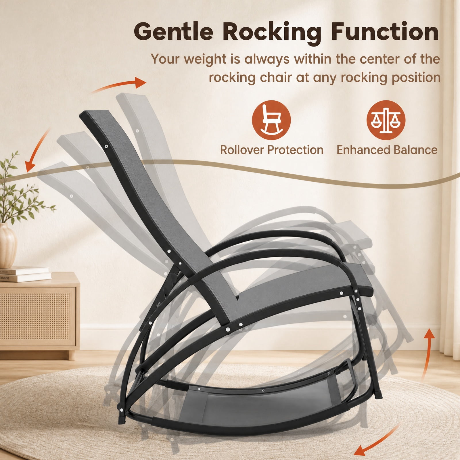 Furnibear 2 in 1 Outdoor Rocking Chair with 4 Position Adjustable Backrest and Aluminum Frame for Patio Porch and Poolside, Gray