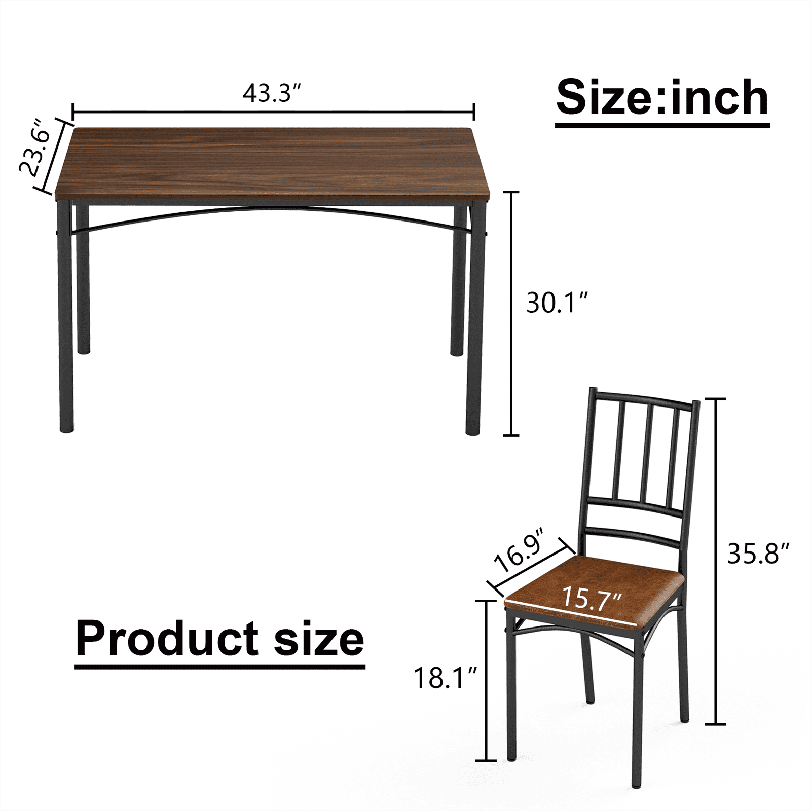 PORKISS 5-Piece Small Space Dining Set, 1 Table and 4 Chairs, Wood and Steel, Dining Table Set for 4 with Comfortable PU Seats, Walnut+Black
