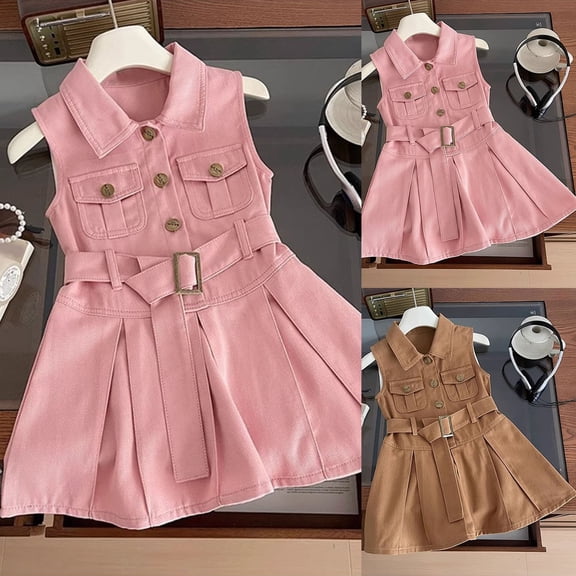 RTKFRFLM Girls Sleeveless Denim Vest Dress Kids Summer Fashion Jean Sundress Toddler Casual Button Down Denim Gown with Pockets Everyday Playwear Clothing for Little Girls Blue