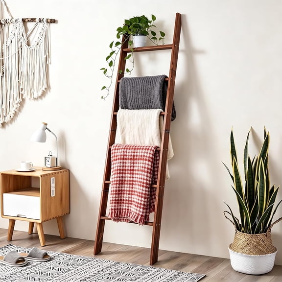 Blanket Ladder for Living Room and Bedroom,6-Tier Decorative Display Ladder Shelf,Ladder Rack for Storage and Decor,Wall Leaning Farmhouse Blanket Storage,Towel Rack, Bathroom,Brown