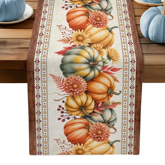 ERUNPONLY Orange Pumpkins Fall Table Runner - 60 Inch Long Boho Thanksgiving Botanical Floral Cotton and Linen Blended Dress Scarves Farmhouse Table Runner for Kitchen Dining, Coffee Table, 13" x 60"
