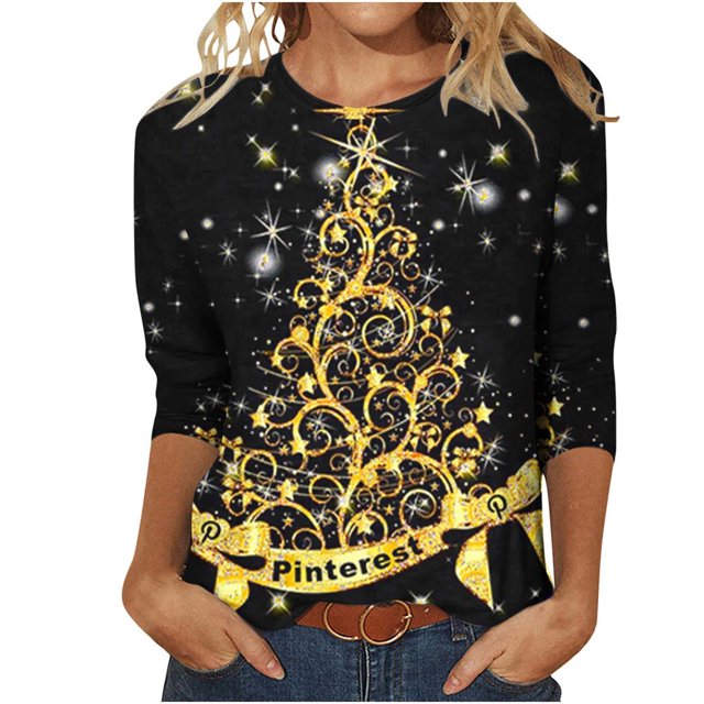 CHOK Chemises à Manches 3/4 pour Femmes, Col Rond Décontracté, Imprimé, Chandail d'Été Tendance, Blouses Douces et Confortables, Jaune P