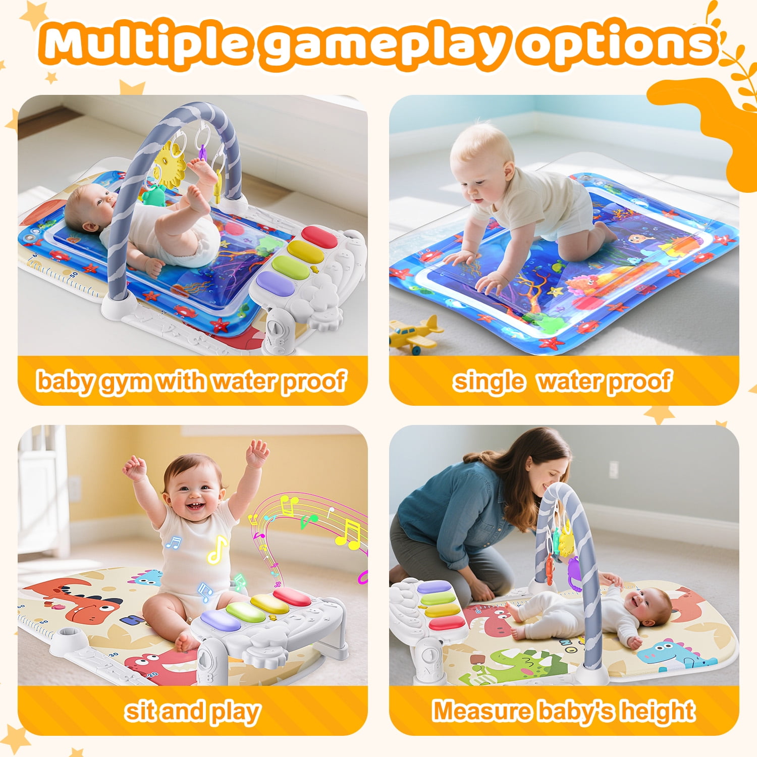 WonderStone Baby Gym Playmat for Infant,Tummy Time Water Mat with 5 Infant Sensory Baby Toys & Musical Piano Activity for 0-36 Months Boys Girls，Yellow