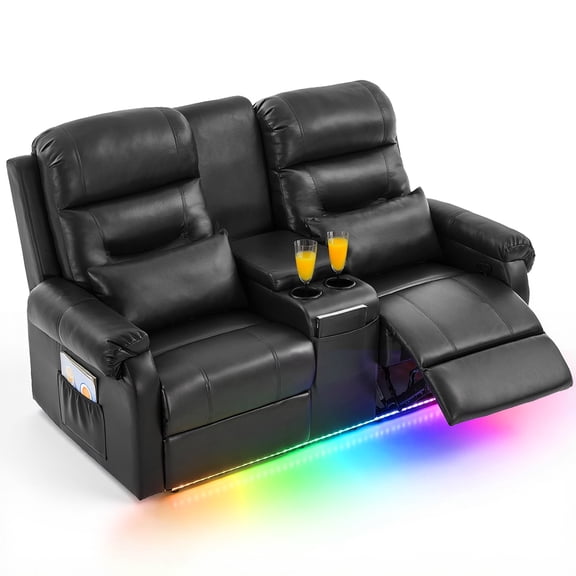 IPKIG LED Double Recliner Loveseat with Console, 2-Person Manual Wall Hugger Reclining Sofa in Black Faux Leather, Cup Holders, Pillows & Storage Pocket