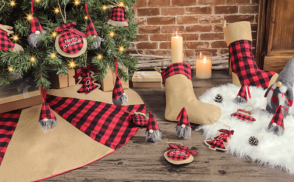 Christmas Decorations Tree Ornament, 8 Pcs Red Black Buffalo Check Plaid Stitching Burlap Hanging Ornaments, Tree Ball Bell Stocking Shaped Hanging