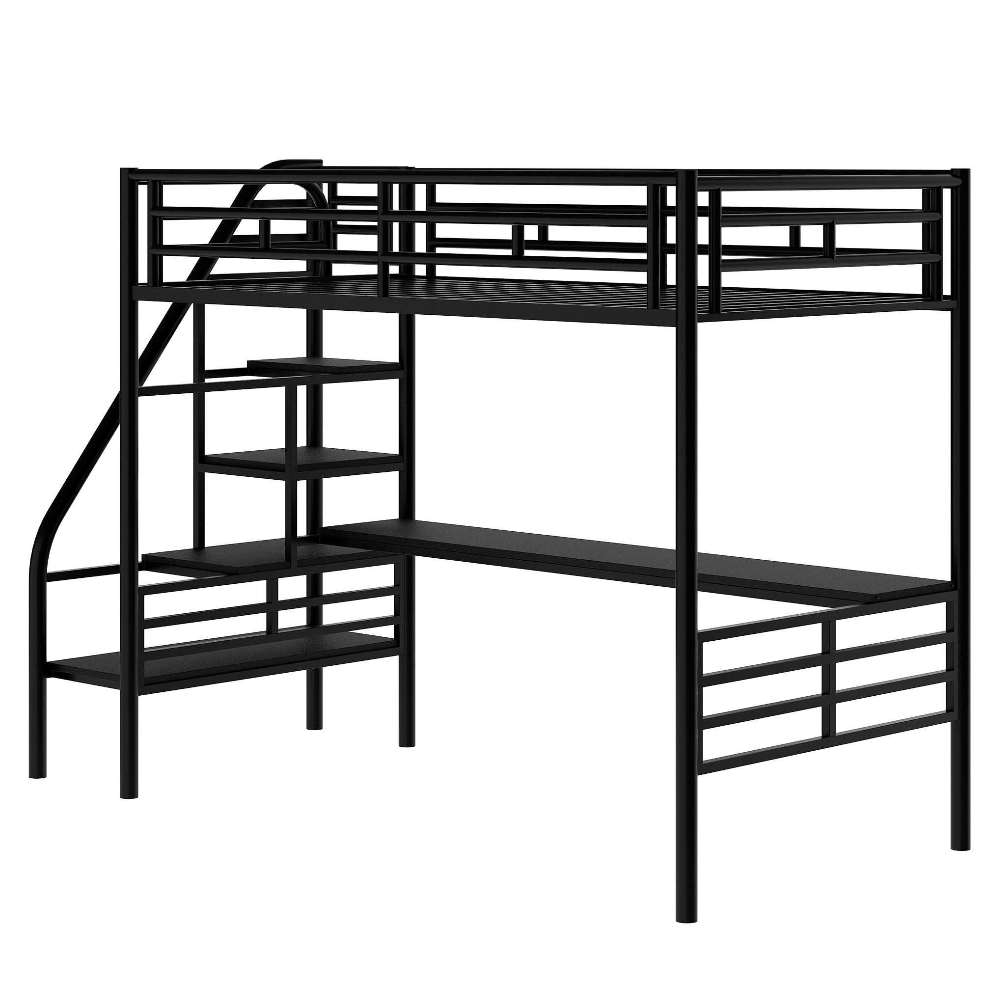 Metal Loft Bed, Twin Size Loft Bed Frame with Desk for Kids Teens Boys Girls, Noise Free Loft Bed with Stairs and Safety Guardrail for Bedroom, Space-Saving Design, No Box Spring Needed, Black - image 6 of 7