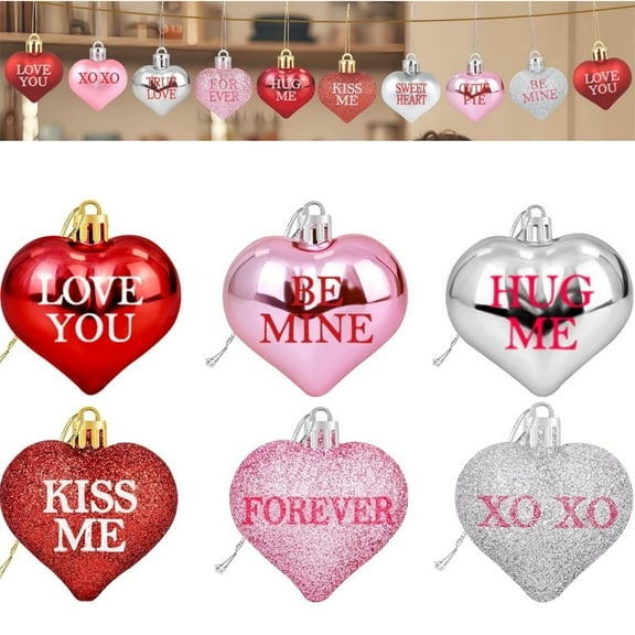 24 Pcak Romantic Valentine's Day Heart Shaped Baubles,Red Pink Silver Glitter Heart Hanging Ornaments,Mini Glossy Tree Decorations,for Wedding Anniversary Party Home Decor