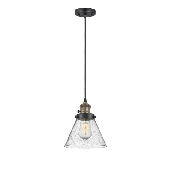 Innovations Lighting Franklin Restoration Cone 1 Light 8" Cord Hung Mini Pendant Black Antique Brass/Seedy
