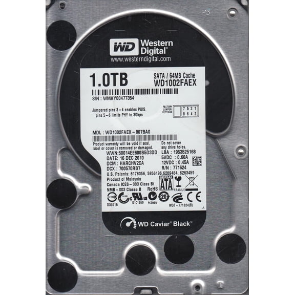 WD1002FAEX-007BA0, DCM HARCHV2CA, Western Digital 1TB SATA 3.5 Hard Drive