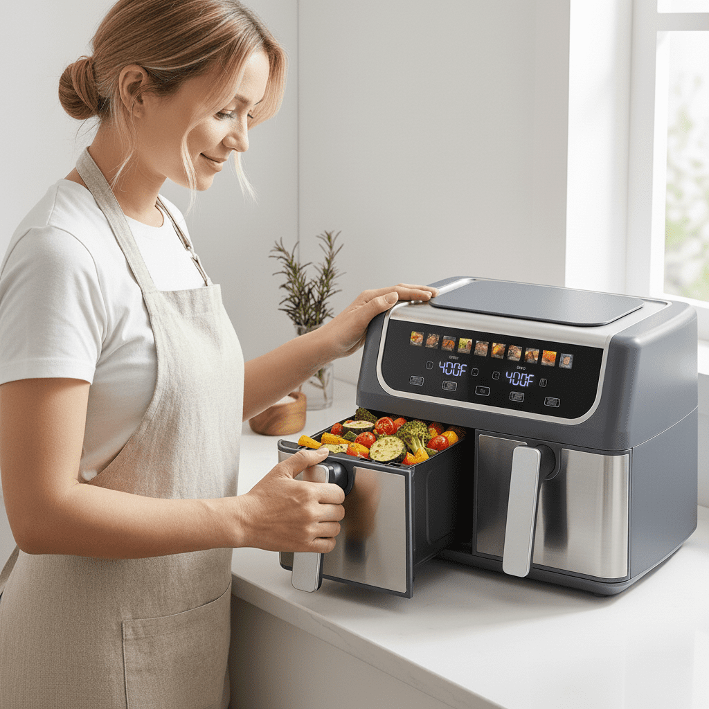 Haysky 9.5QT Dual Basket Air Fryer, 10-in1 Digital Touchcreen 2 Independent 4.75Qt Basket, Non-Stick, Gray