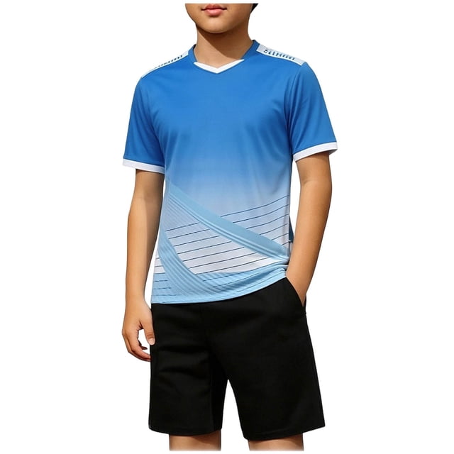 Odeerbi Niños Niñas Rápido Seco Juego de Entrenamiento de Fútbol Gradiente Geométrico Cuello En V Camiseta Shorts Conjunto Atlético Para 5-17 Años