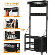 GIKPAL 5 in-1 Hall Tree, Entryway Bench with Coat Hooks Industrial Entryway Bench with 17 Hooks 2 Drawers and Top Shelf, for Hallway or Living Room, Black