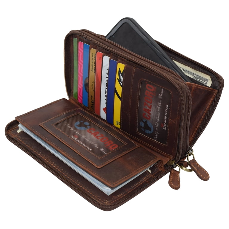 CAZORO Women's Vintage Leather RFID Blocking Wallet Double Zipper