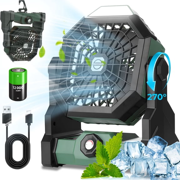 Teddy Run Portable camping fan, Rechargeable battery, LED light, 3-speed settings, USB desktop fan, quiet operation, suitable for tents, fishing, travel, beach holidays and similar occasions