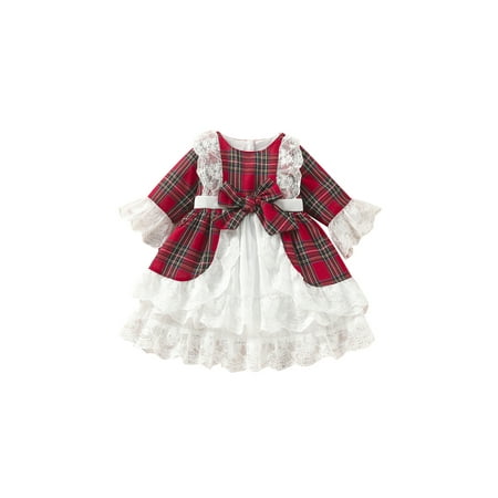

AMILIEe Kid Baby Girl Christmas Princess Dress 3/4 Sleeve Round Neck Plaid Print Ruffle Lace High Waist Dress