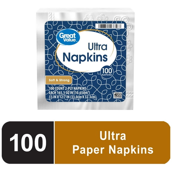 Great Value Ultra Paper Napkins, White, 100 Count, 2-Ply Disposable Napkins