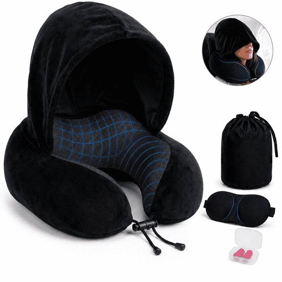 Memory Foam Hooded Travel Neck Pillow with Full Accessory Kit, Ergonomic 360 Cervical Support Portable Lightweight Pillow for Airplane, Car, Train, Home Office Sleeping (Black)