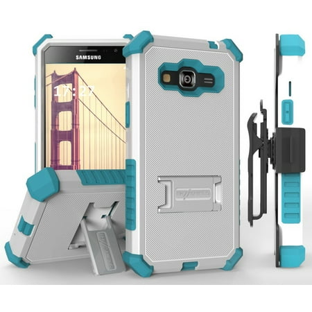 Gp Phone Cases GALAXY AMP PRIME HOLSTER CLIP CASE, BEYOND CELL WHITE TURQUOISE RUGGED TRI-SHIELD CASE COVER STAND + BELT CLIP HOLSTER FOR SAMSUNG GALAXY AMP PRIME (Cricket SM-J320A, AT&T GO Phone J320A) ()