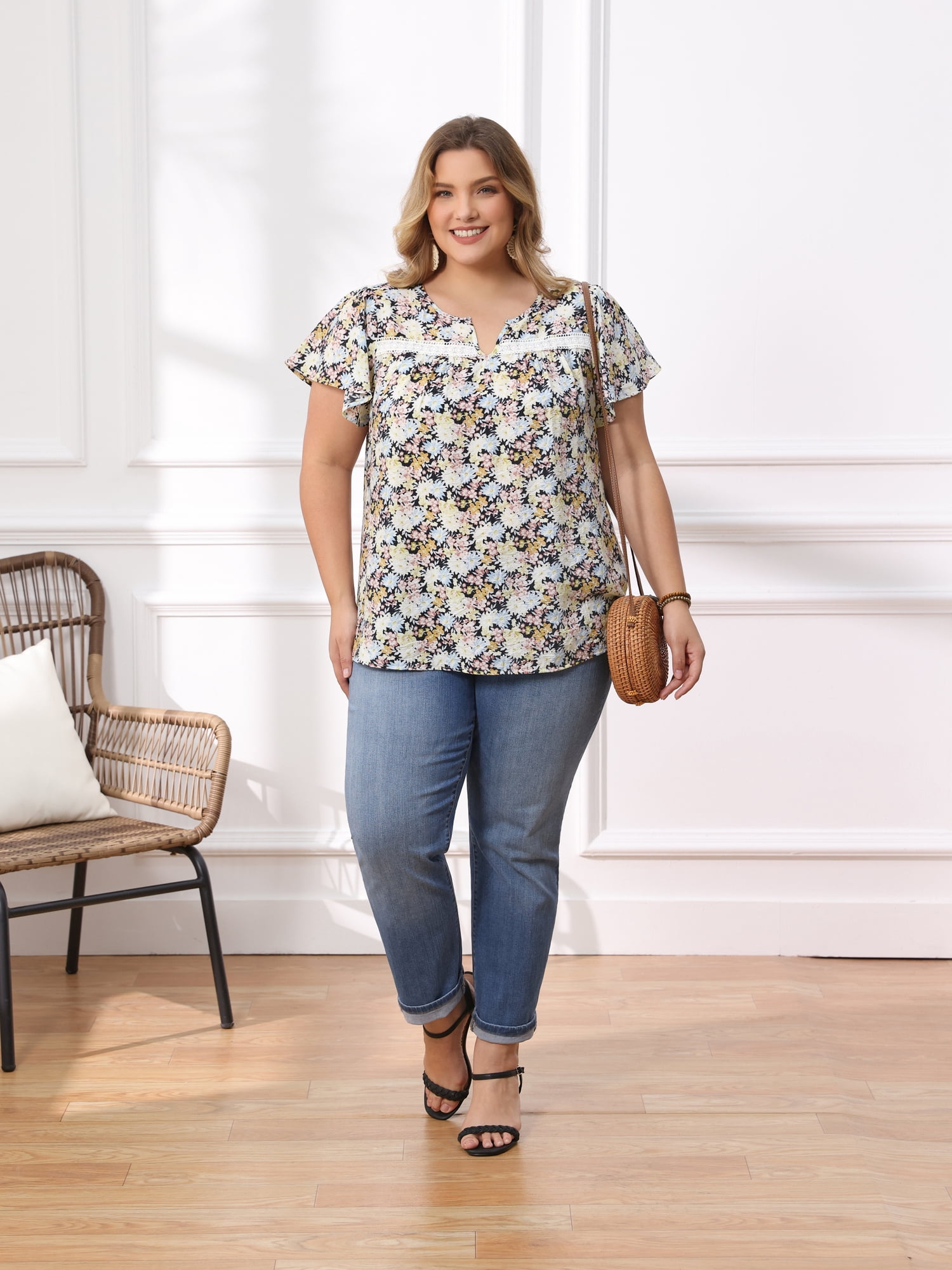 DARING DIVA Women's Plus Notch V Neck Ruffle Sleeve Floral Top 3X Black