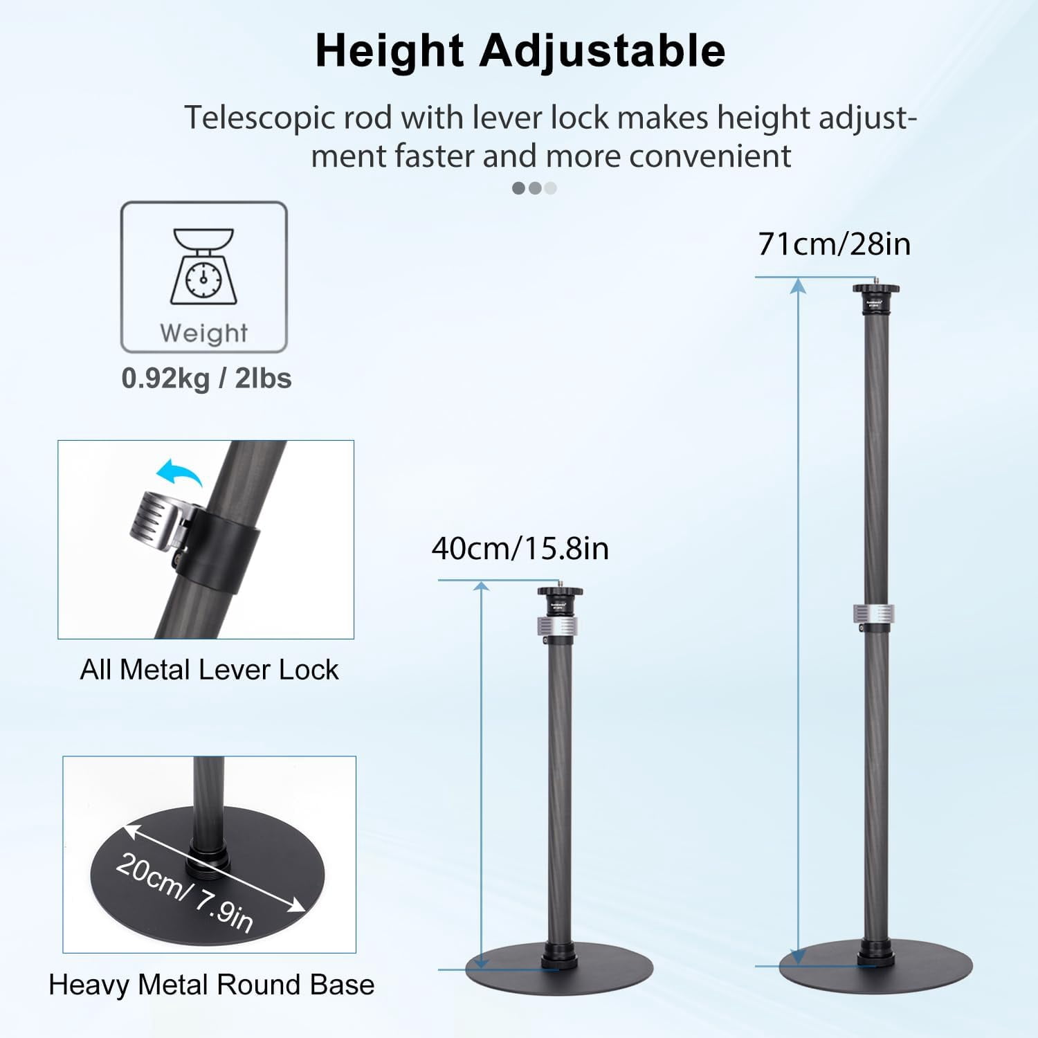 Koolehaoda Tripod Stand Extendable Monopod Carbon Fiber Pole wiht Round Base for Desk, 360° Rotatable Ballhead Tabletop Webcam Stand for DSLR Camera, Light, Webcam, Live Streaming, Vlogging