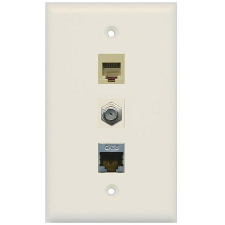 - RiteAV - 1 Port Coax Cable TV- F-Type Phone RJ11 RJ12 and Shielded Cat6 Ethernet Wall Plate - Light Almond