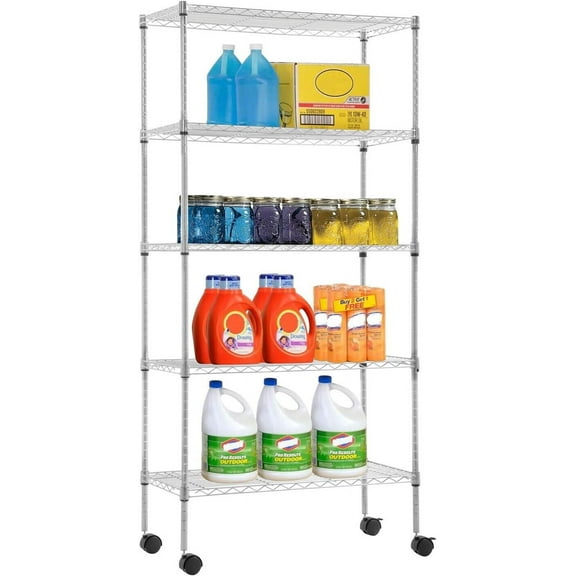 FASCK Heavy Duty 5-Tier Wire Shelving Unit with Lockable Wheels - Rolling Storage Shelves for Garage, Kitchen, Warehouse, Adjustable Metal Organizer Rack