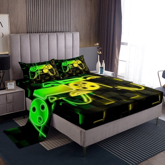 Erosebridal Boys Gamepads Sheet Set Twin,Video Game Bedding Sets Twin Size,Geometric Plaid Twin Sheet Sets,Super Cozy Buffalo Bedroom Decorative,3pcs