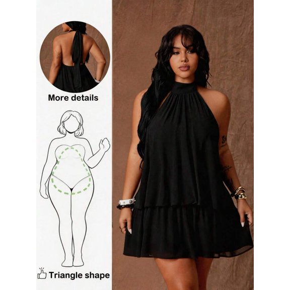 Womens Black Halter Neck Backless Tiered Mini Dress, Elegant Solid Party