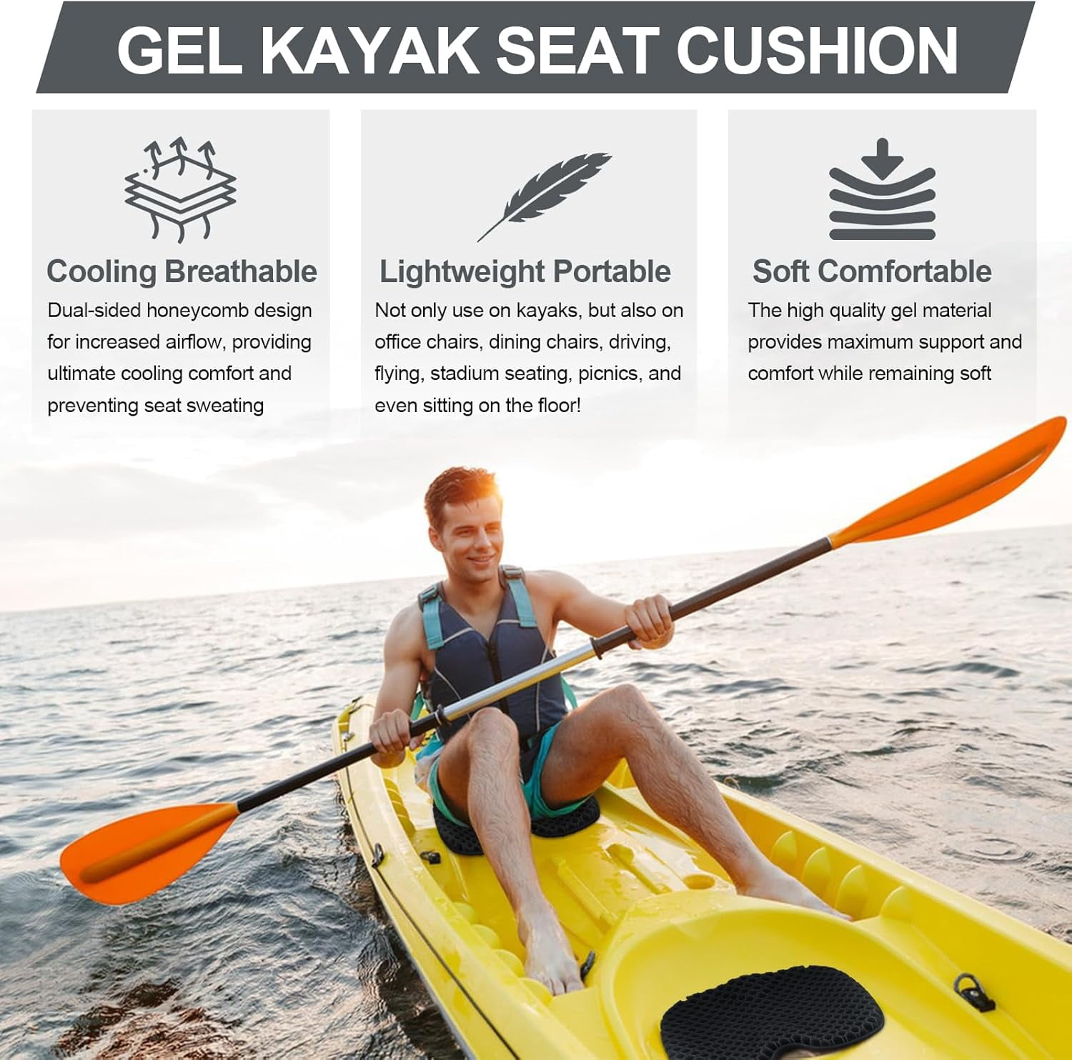 Anti-Slip Kayak Seat Cushion, Waterproof Thicken Gel Kayak Seat Pad with Non-Slip Cover, Canoe Seat Cushion Kayak Accessories Kayak Canoe Boat Equipment