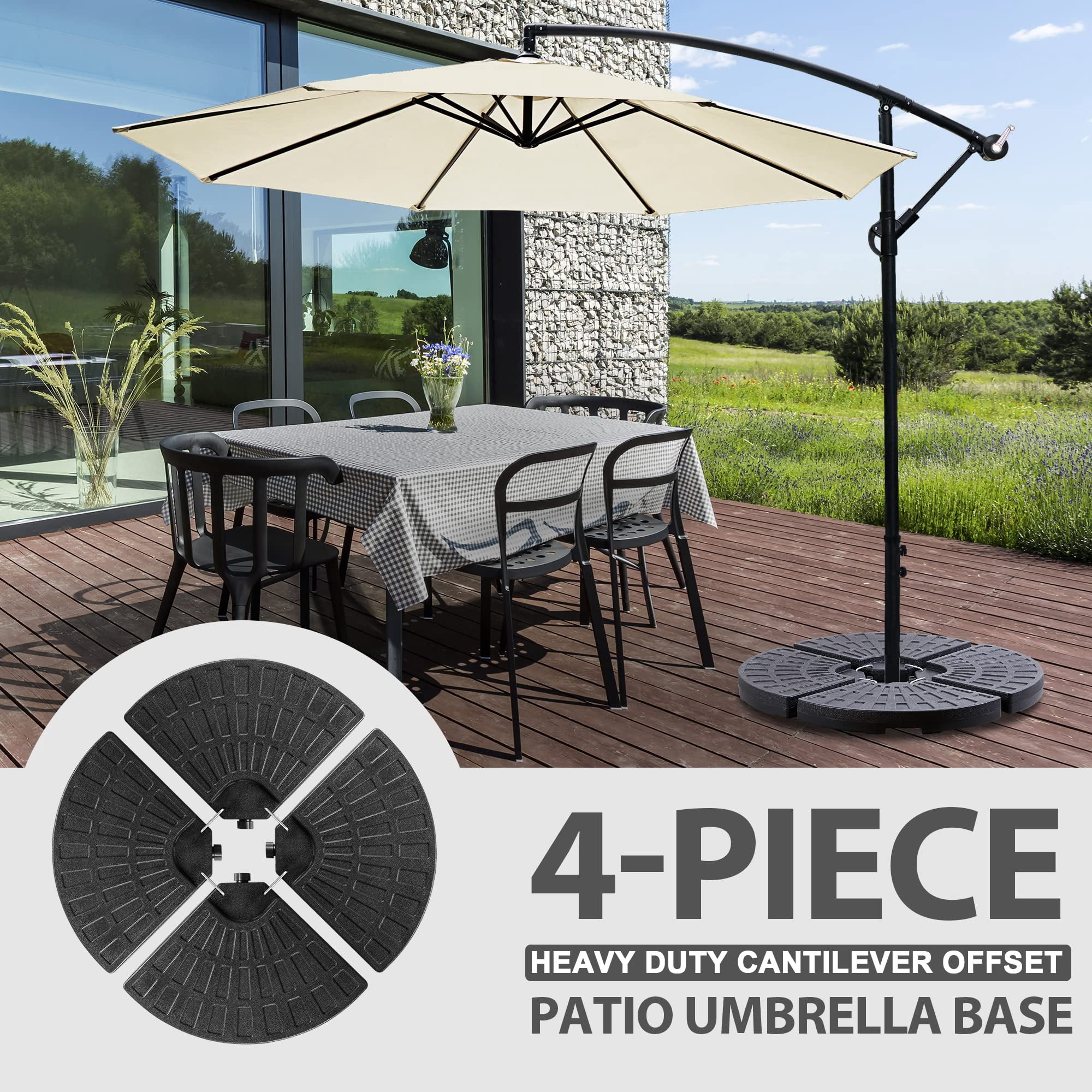 SUPER DEAL 4 Piece Cantilever Offset Patio Umbrella Base, Heavy Duty Outdoor Round Umbrella Stand with Easy Carry Handles Water or Sand Filled for Garden, Backyard and Poolside Black