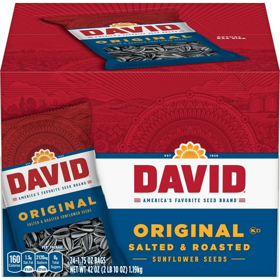 DAVID Roasted and Salted Sunflower Seeds, Original Flavor, 1.75oz. (Pack of 24)