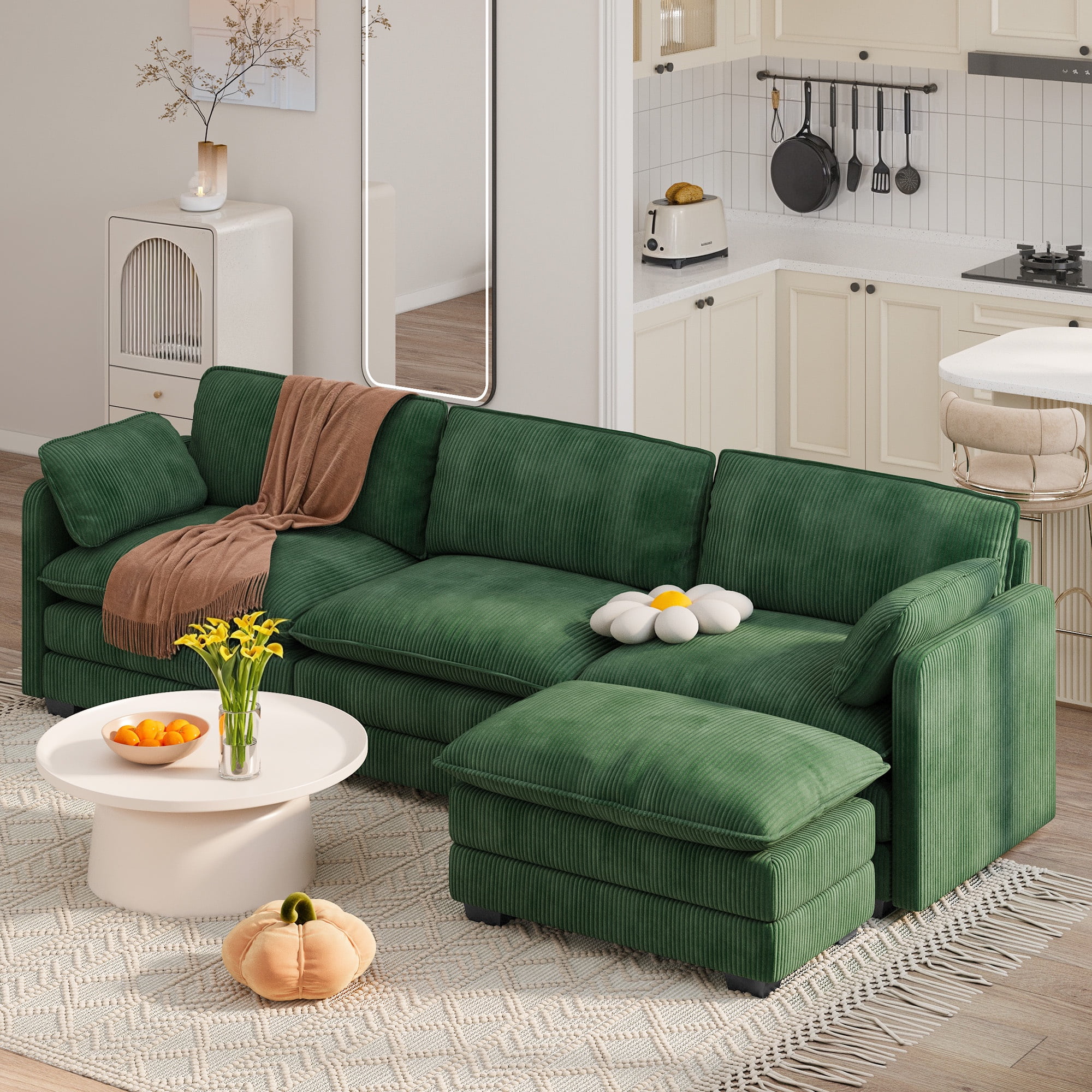 Sofa, Lofka 110“ Modular Couch Bed with Double Layer Cushions and Movable Ottoman, Modern Comfy Cloud Sofa for Living Room, DIY Combination, Green