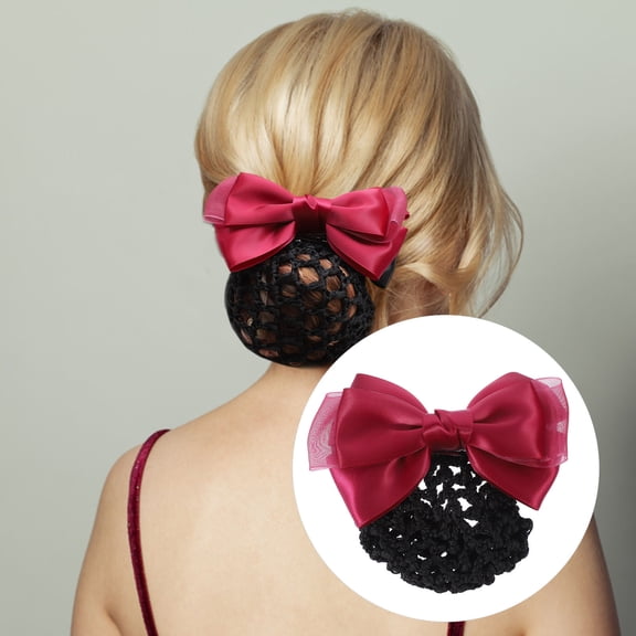 TABLZONE 2Pcs Dark Red Hair Bun Cover Bow Mesh Hairnet Clips for Stage Performance Work