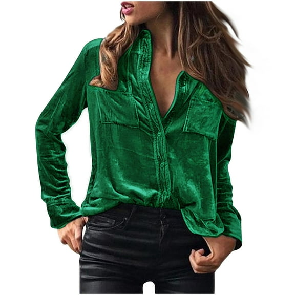 gakvbuo Velvet Tunic Tops For Women Dressy Tops Vintage Long Sleeve Tunic Tees Casual Button Down Pocket V Neck T Shirt Solid Color Soft Blouse