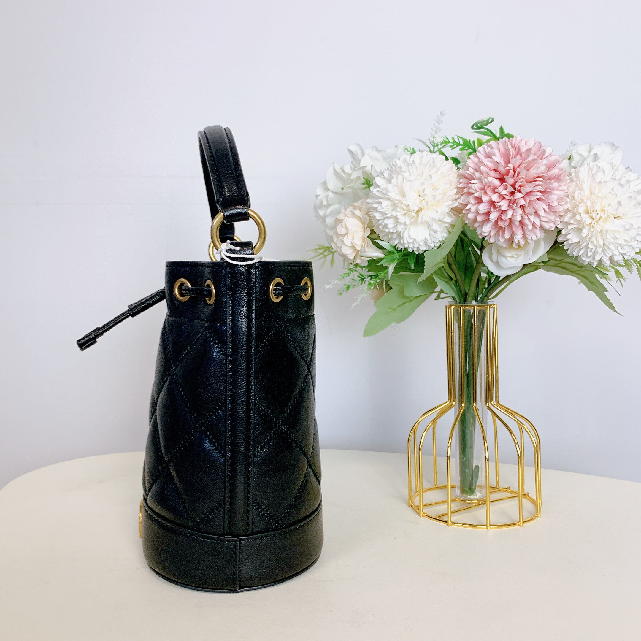 Tory Burch Women's Leather Quilted Drawstring Bucket Bag Tory Burch Women's Leather Quilted Drawstring Bucket Bag