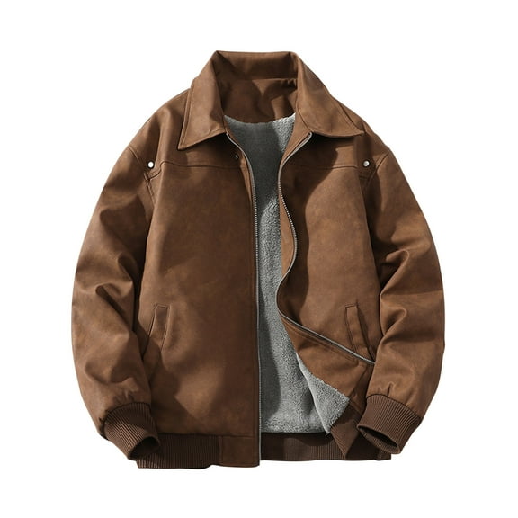 IYTR Mens Fleece Jacket Solid Color Thermal Coats Long Sleeve Zip Up Jacket Stand Collar Winter Warm Coats (Coffee,XXXL)