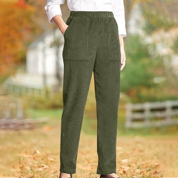 Juslio Women Pants Comfortable Corduroy Elastic Waist with Pockets Plus Size Straight Pants