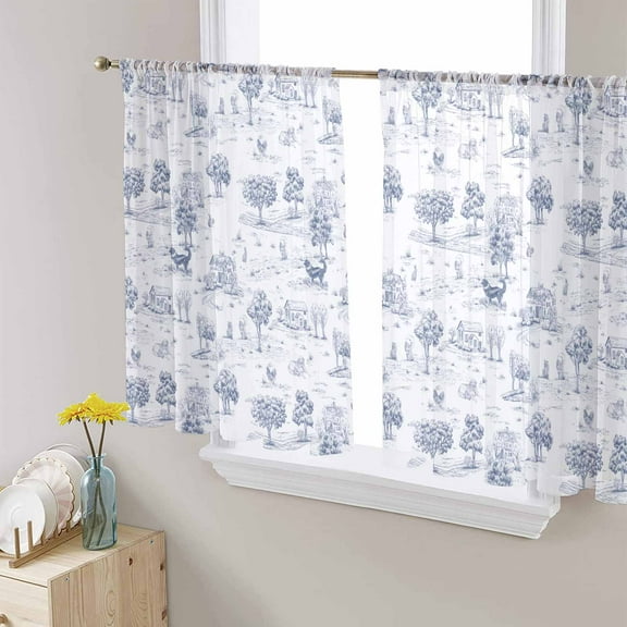 Navy Blue Country Sheer Curtains 54 Inches Length 2 Panels Set, Window Sheer Curtains for Living Room/Bedroom, Farmhouse Rustic Tree Animals Abstract Light Filter Rod Pocket Curtain 52'' x 54'' x 2