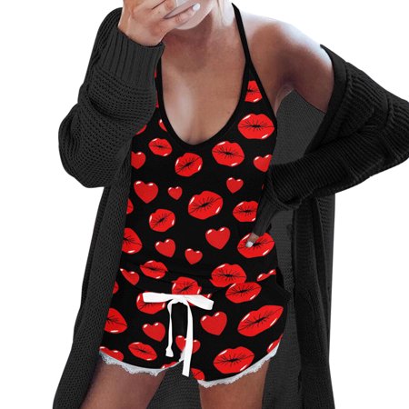 

【Outfmvch】Women Sexy Heart Printing Top Short Set Pajamas Sleeveless Cami Shorts Lingerie Sleepwear Set Homewear Fashion Set