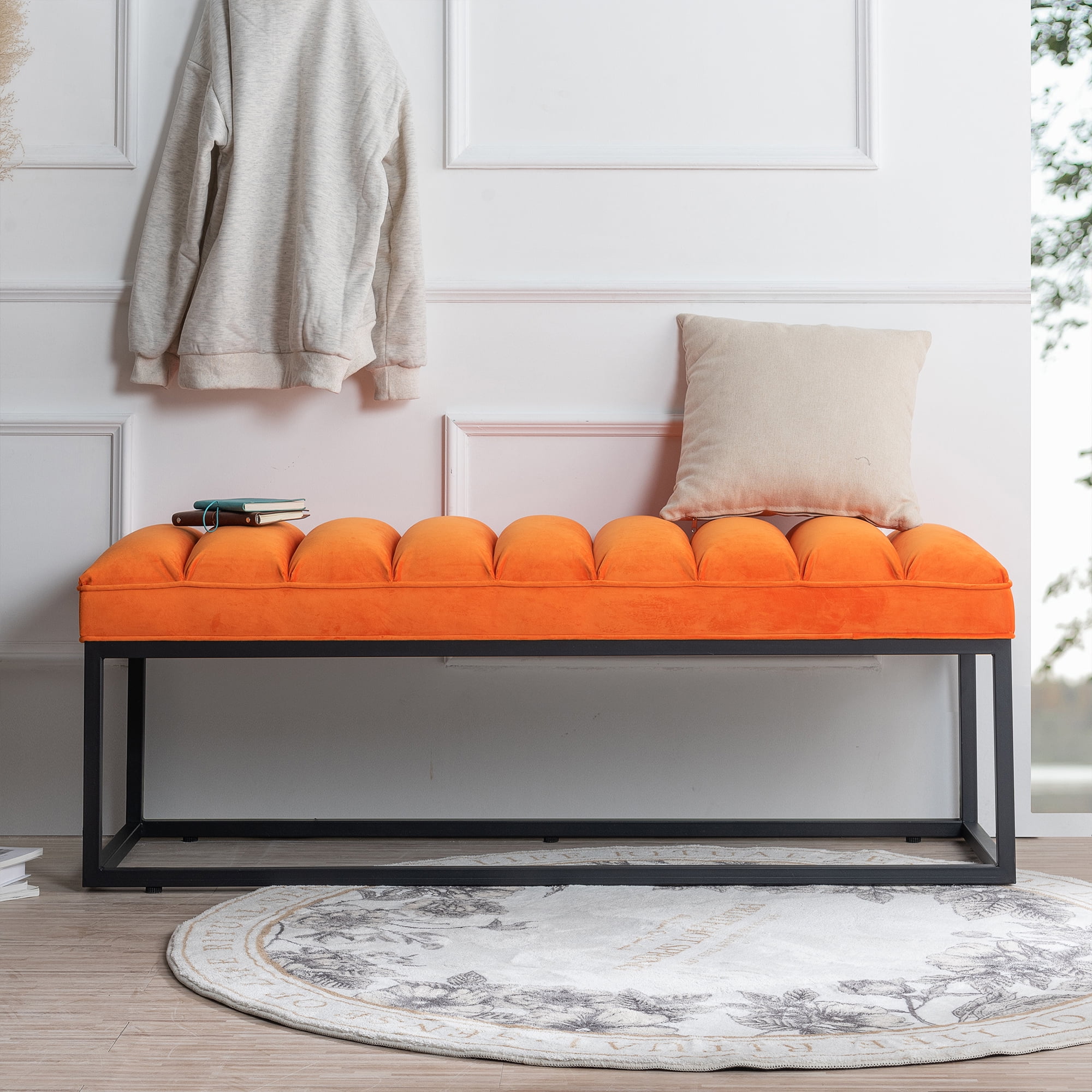 Kadyn Metal Base Upholstered Bench, PU Ottoman Bench for Entryway, Modern PU Bench for Bedroom, Orange