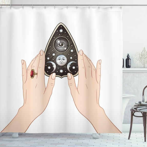 Ouija Board Shower Curtain, Hand Drawn Mystifying Oracle Planchette in Female Hands Digital Arrangement, Fabric Bathroom Set with Hooks, 69W X 70L Inches, Multicolor, by Ambesonne