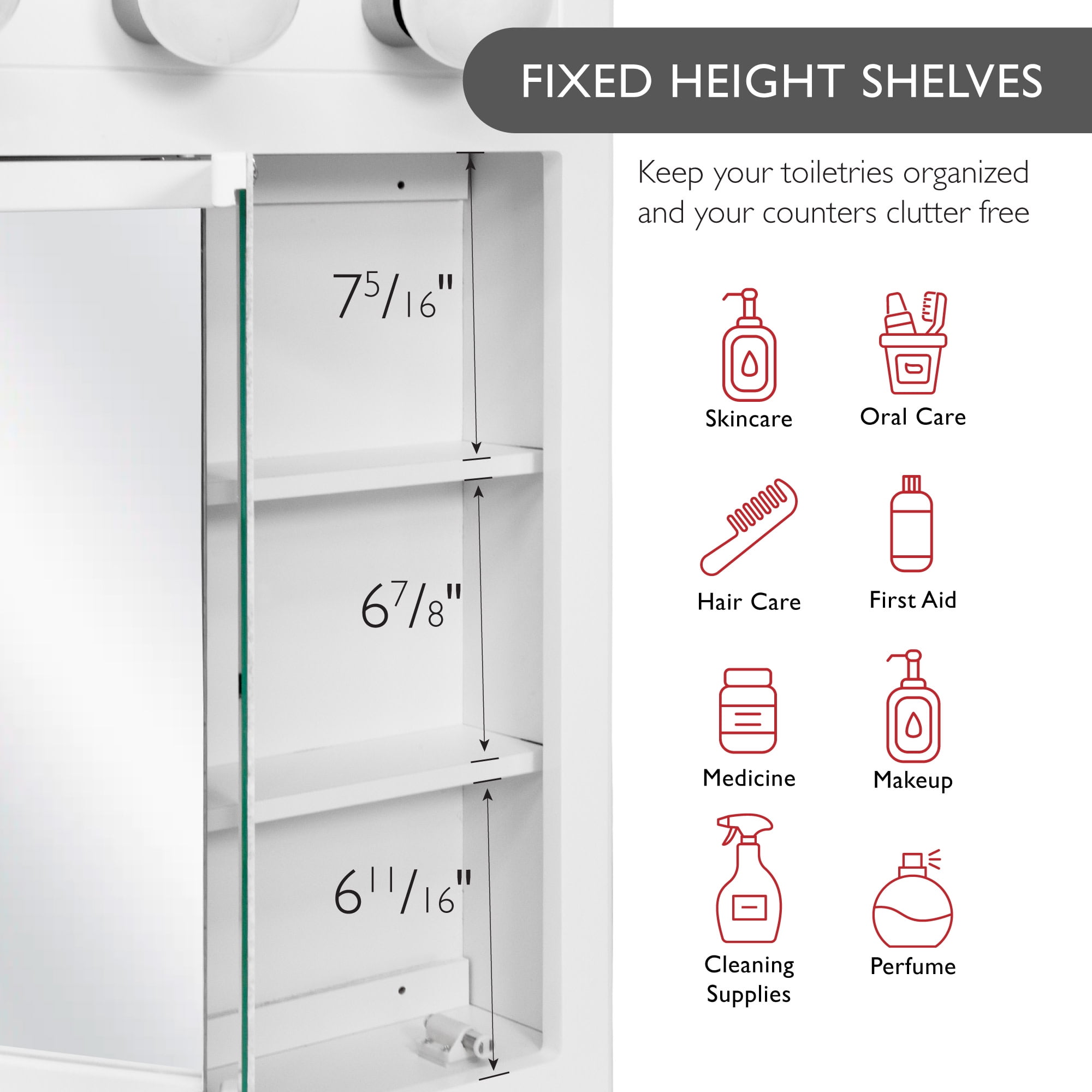 Design House 30" Wood Wall Mounted 4-Light Tri-View Mirrored Bathroom Cabinet, White