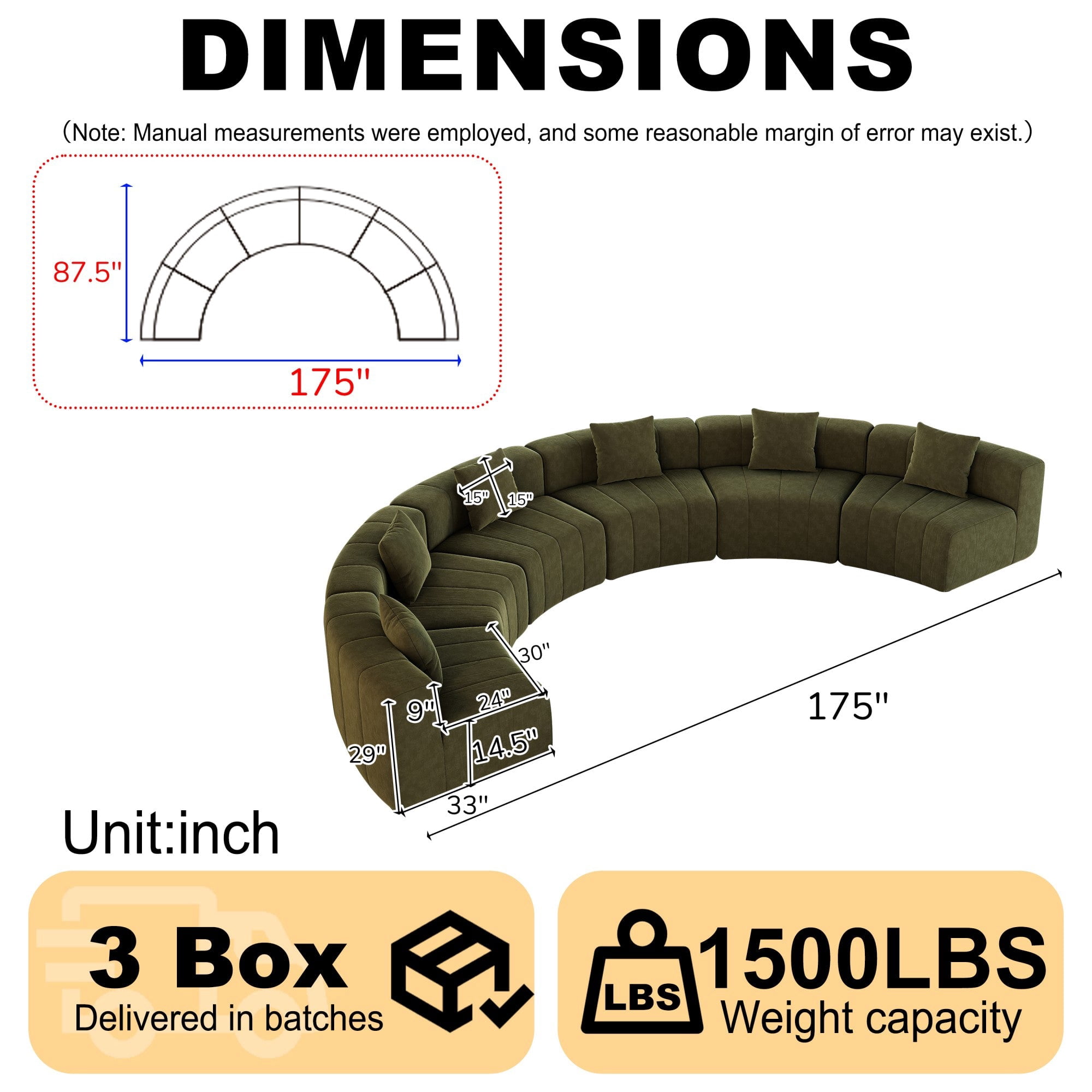 Sailvan Curved Sectional Sofa, Modular Chenille Semi Circular Sofa with 6 Pillows, No Assembly Modern Cloud Couch for Living Room & Office Green