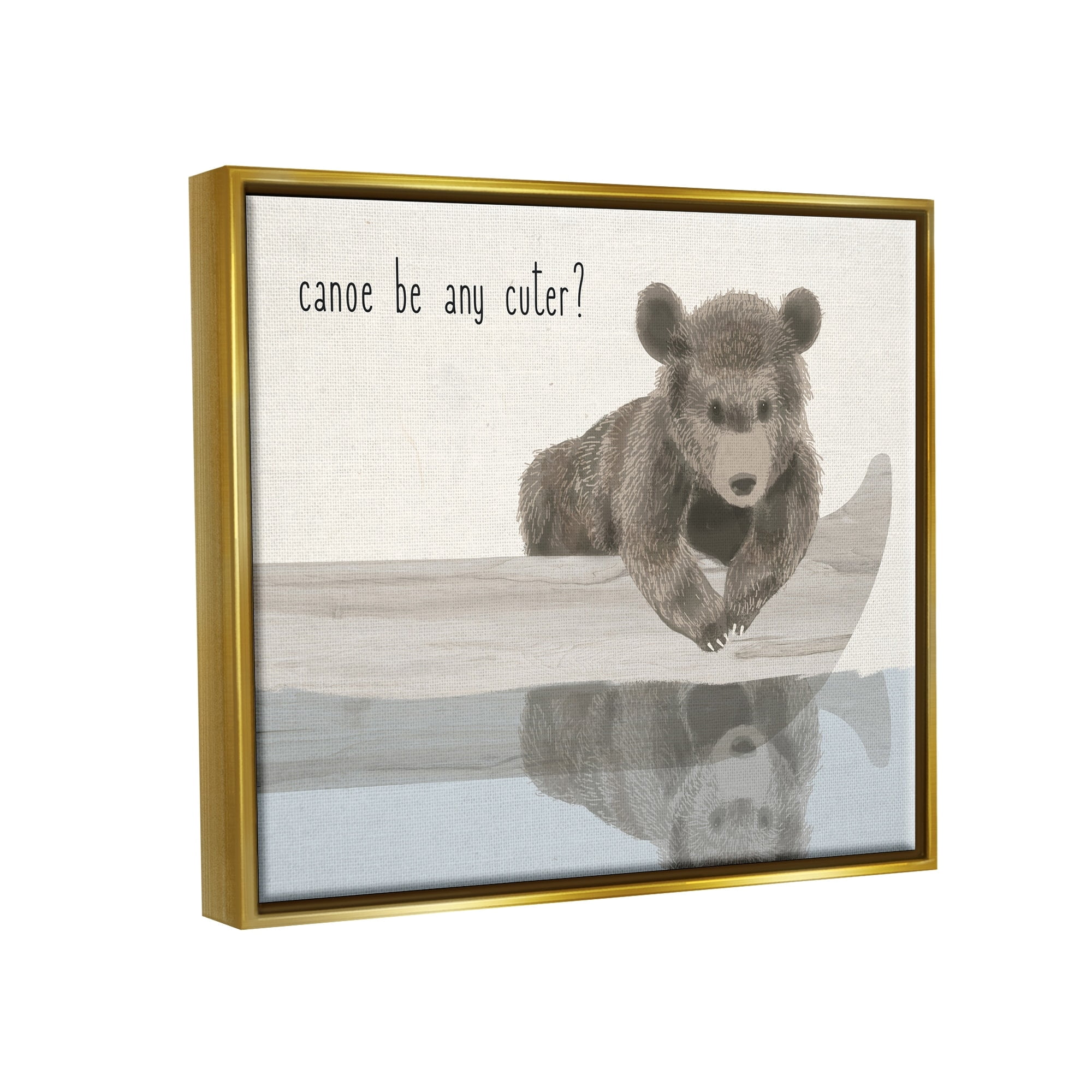 Stupell Industries Canoe Be Any Cuter Grey Blue and Off White Soft Nursery Neutral Baby Bear Metallic Gold Framed Floating Canvas Wall Art, 24x30, by Daphne Polselli