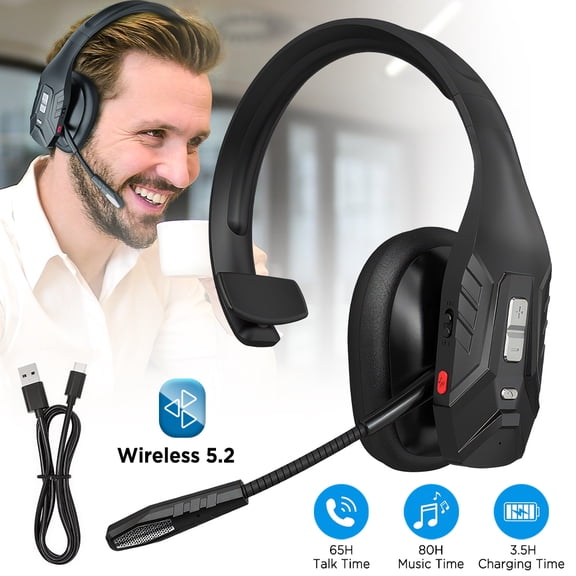 PEPWELL Trucker Bluetooth Headset 5.3 - Dual Noise Cancelling Mic, 65H Battery Life, 59ft Wireless Range, One-Touch Mute for Truck Drivers/Home Office/PC/Phones