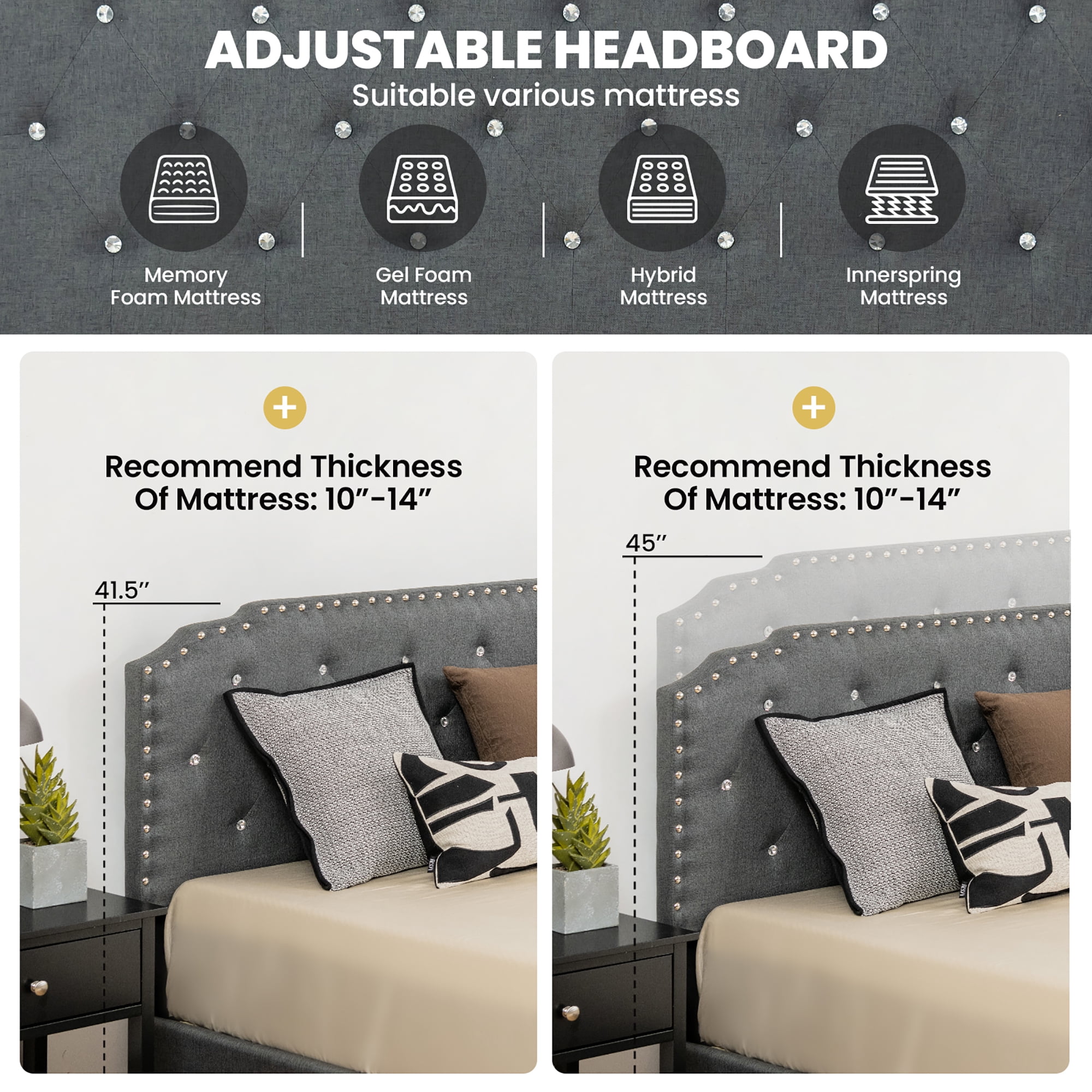 Costway Full Upholstered Bed Frame Adjustable Diamond Button Headboard Easy Assembly