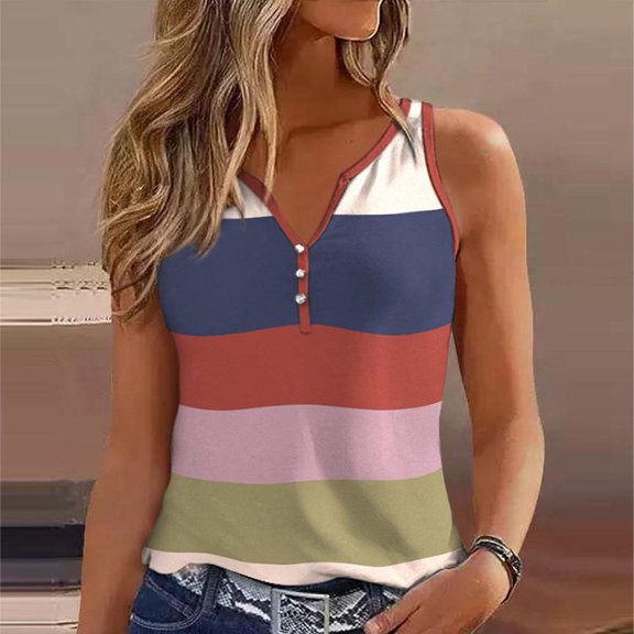 Aloohaidyvio Tops for Women,Womens Tank Summer Printed Buttons Sleeveless V-Neck Casual Blouse Button Tunic Tops