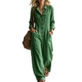 thumbnail image 2 of WULMLEO Wide Leg Romper Women Cotton Linen Workout V Neck Long Sleeve Button Front One Piece Jumpsuits Casual Oversized Dressy Office Overalls with Multi Pockets Green XL, 2 of 7